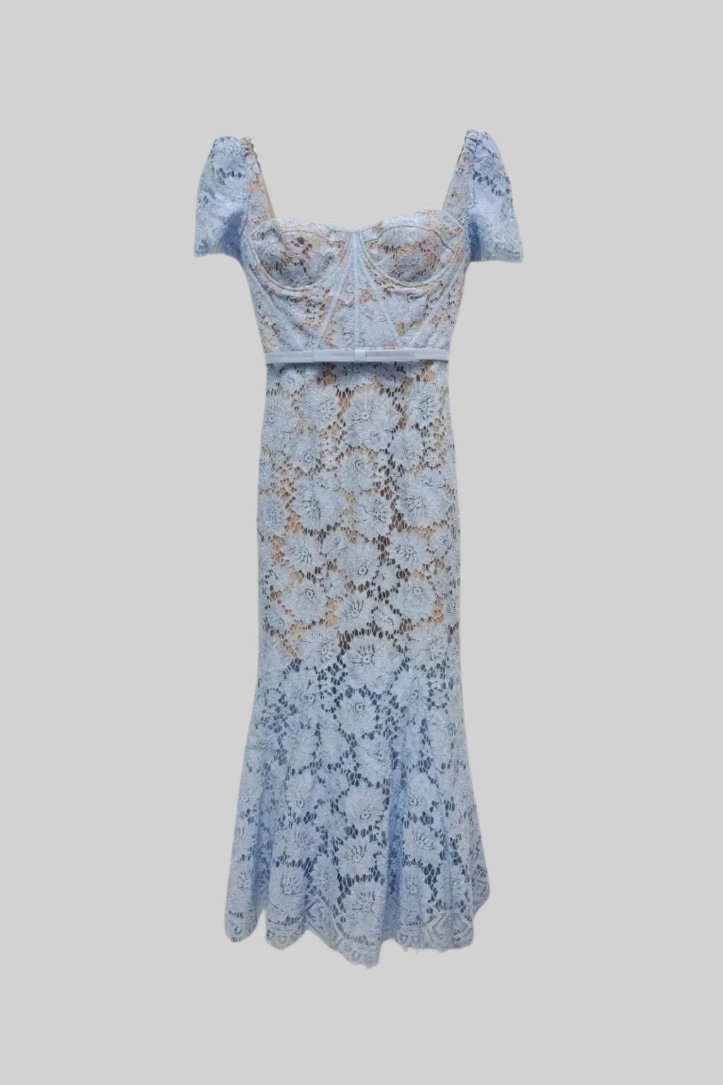 Paulina | Vestido de Encaje Azul Elegante con Manga Corta y Cinturón a Juego