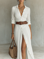 Vestido maxi largo con cuello de solapa y mangas largas de lino para mujer