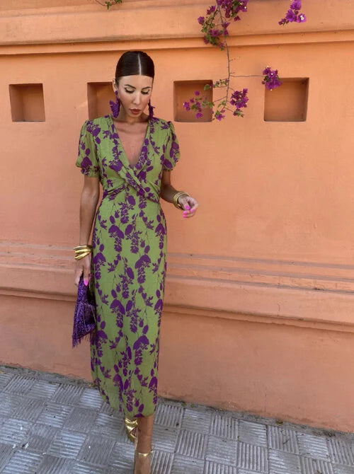 Loren - Vestido midi vibrante con mangas abullonadas
