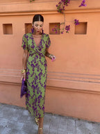 Loren - Vestido midi vibrante con mangas abullonadas