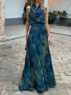 Conjunto de dos piezas: blusa de estampado artístico y falda maxi con estilo
