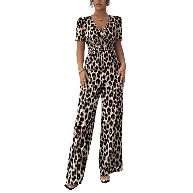 🎁Novedad: 50 % de descuento 💥 Mono con escote en V y piernas anchas, estampado de leopardo